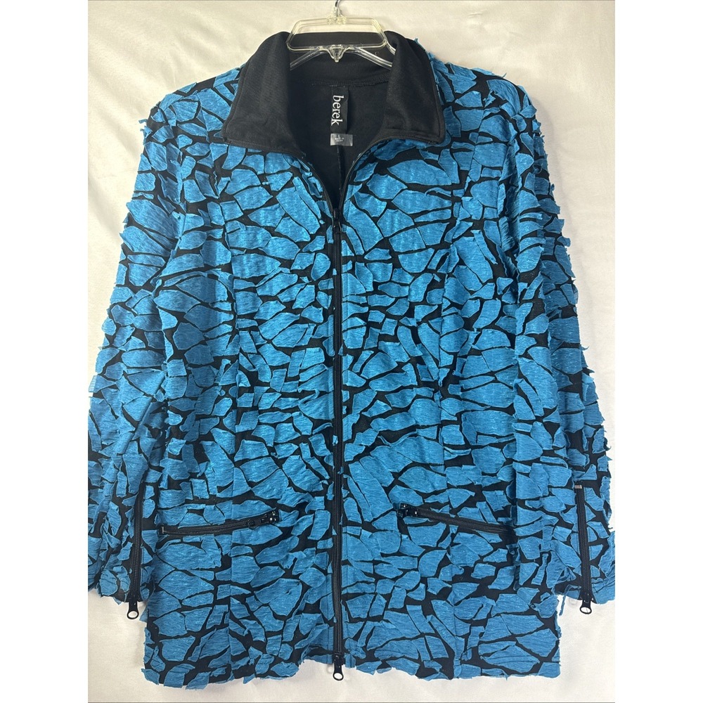 Berek Jacket Women's L Textured Applique 3D Zip Front Turquoise Black Artwear